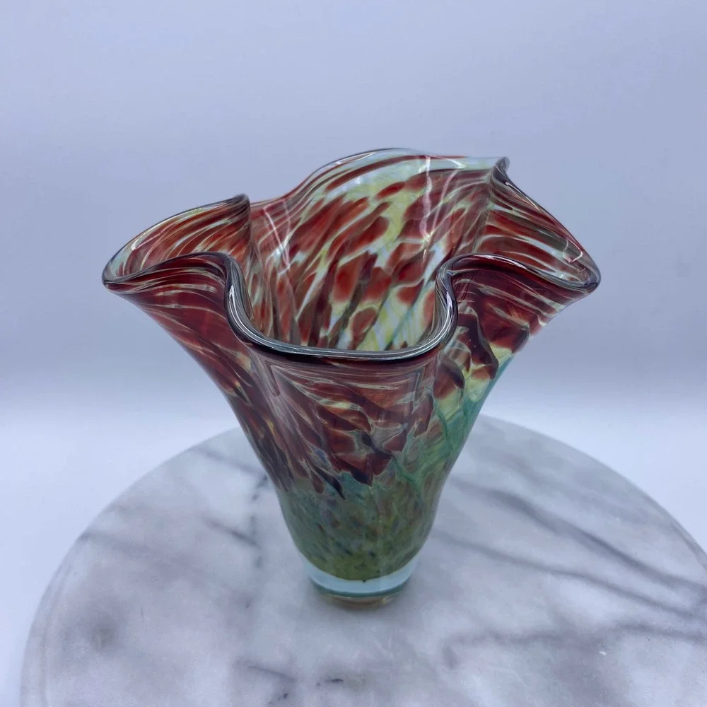 Vintage Artist Signed Studio Abstract Art Glass 1998 Handblown Ruffled Vase 7.5